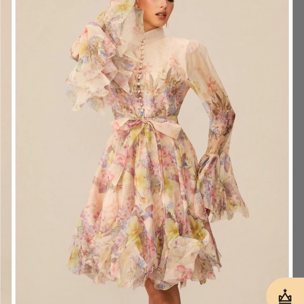 Floral Ruffle Long-Sleeve Midi Dress - Pink